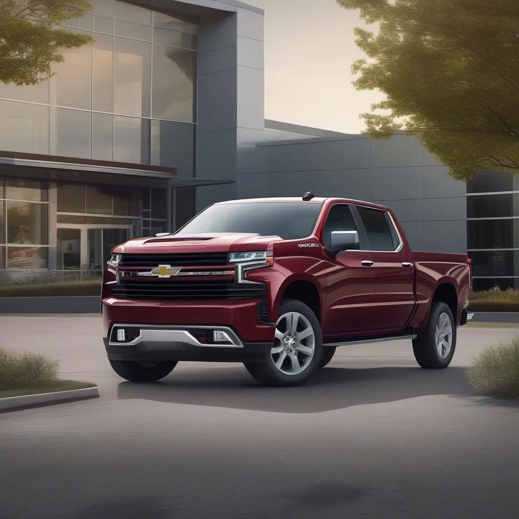 A shiny new Chevrolet Silverado truck parked in a dealership lot