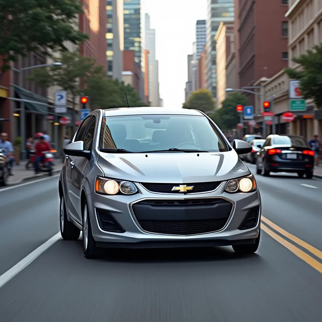 Chevy Sonic driving down a city street