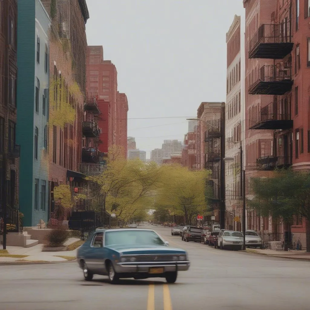 Chicago neighborhood with a rental car driving through the streets