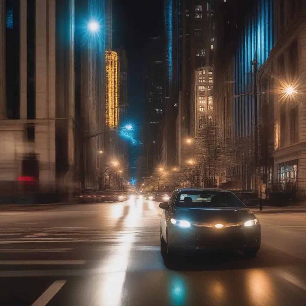 A car driving through the city at night with the Chicago skyline in the background