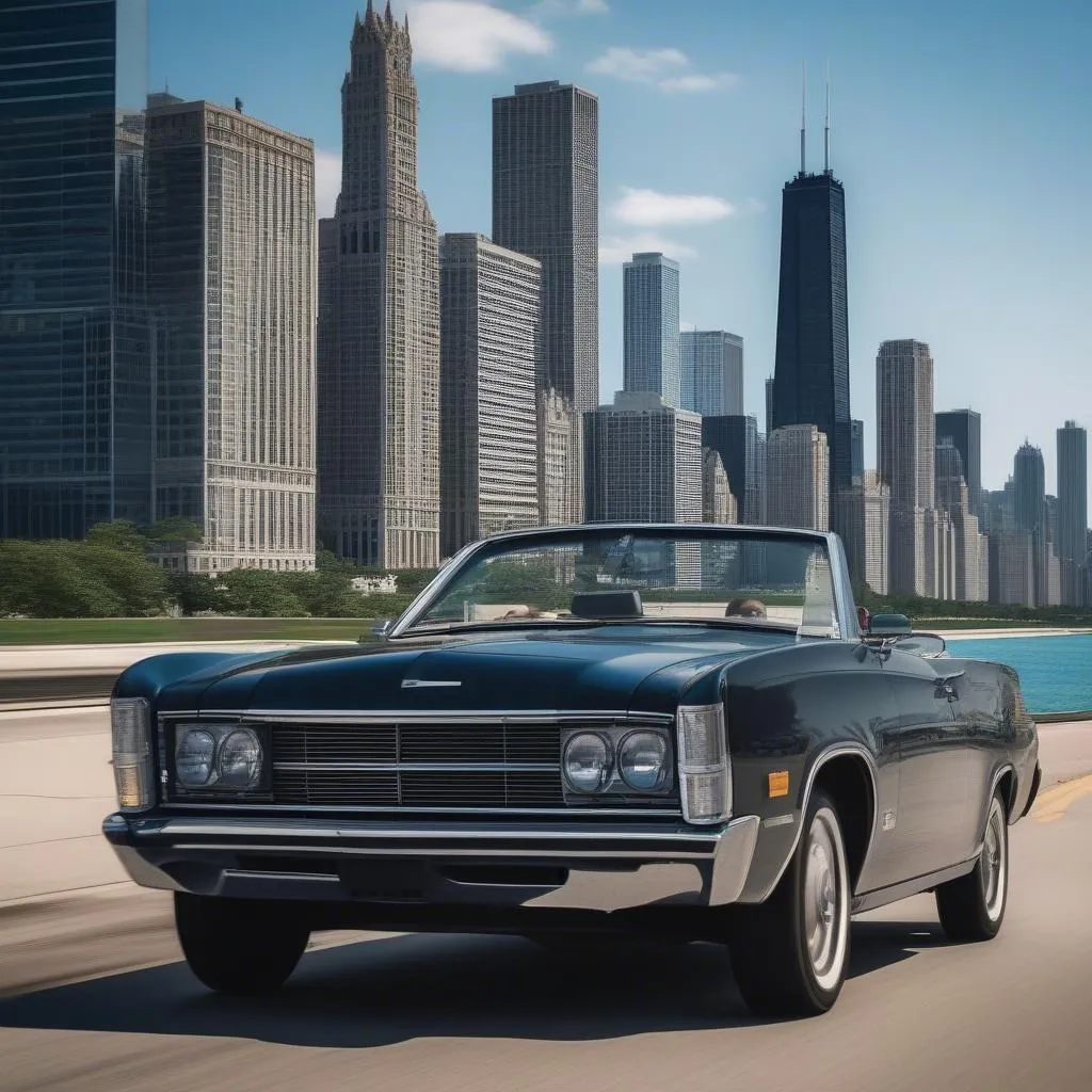 Chicago skyline with a rental car driving on Lake Shore Drive