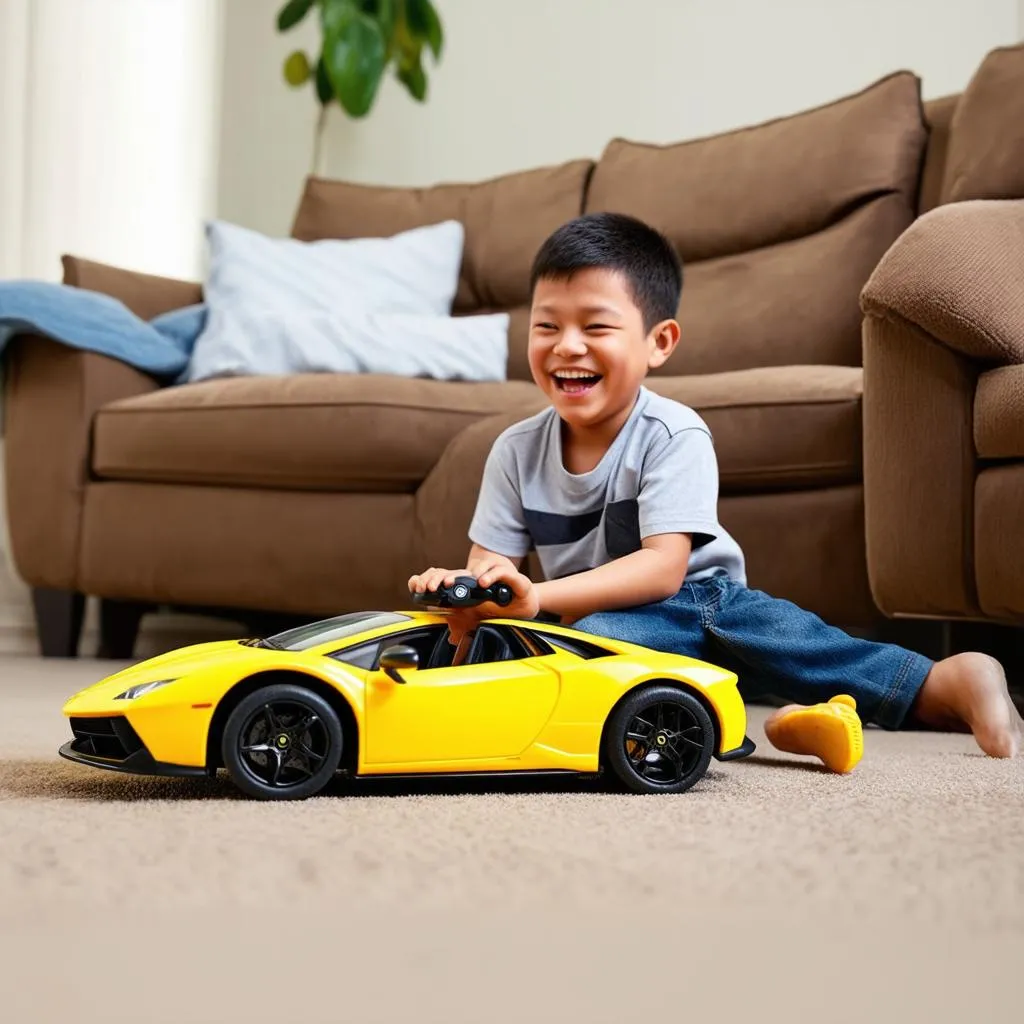 Child playing with a remote-controlled lamborghini toy car