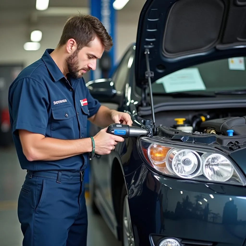 Mechanic inspecting a damaged car in a repair shop.