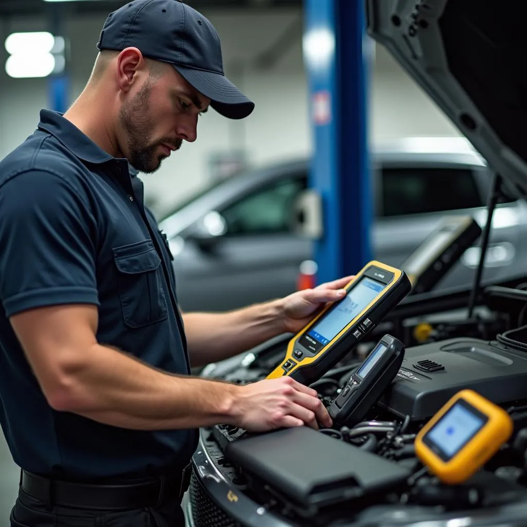 Mechanic choosing a scanner for a car