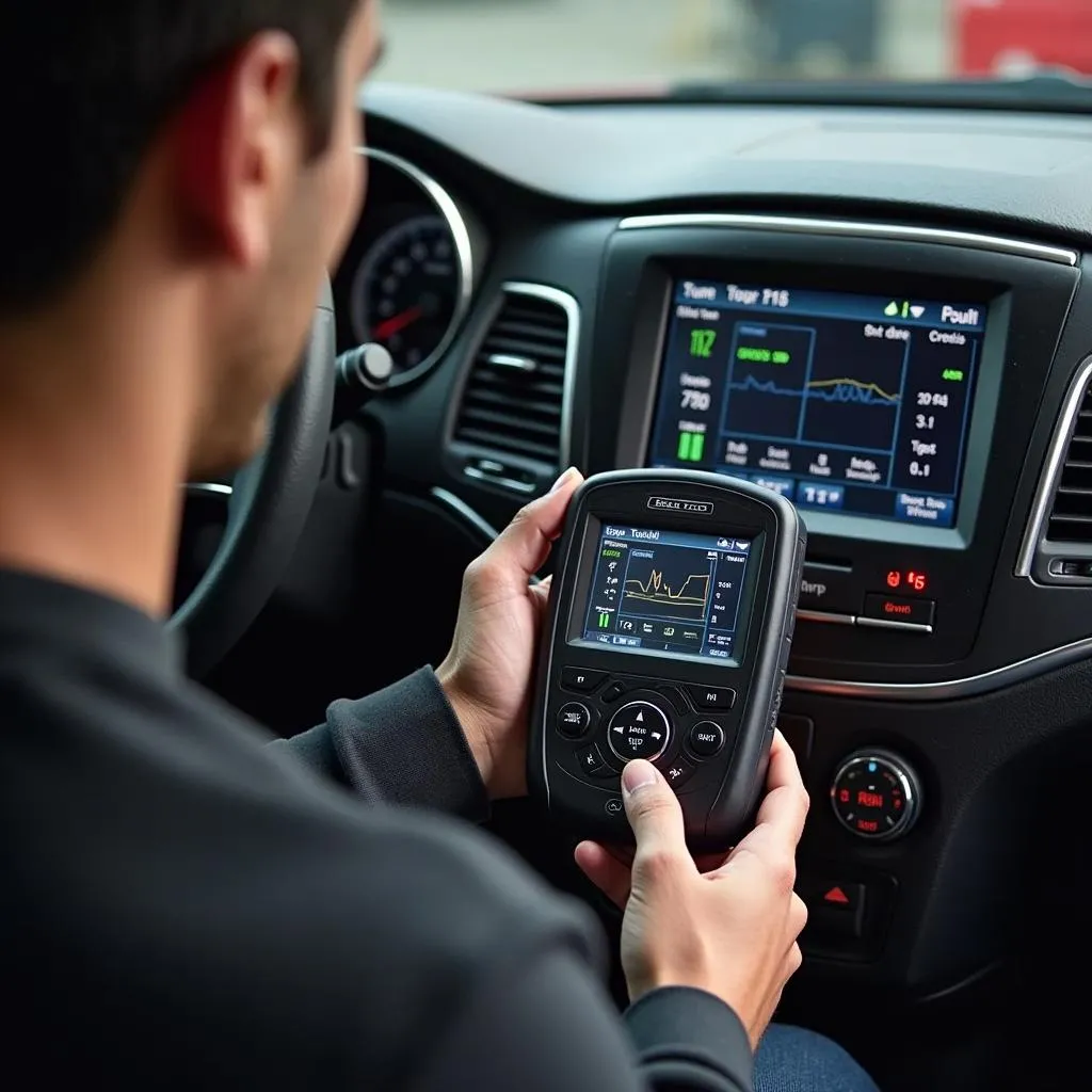 Mechanic using a Chrysler Star Scan tool to diagnose a car issue