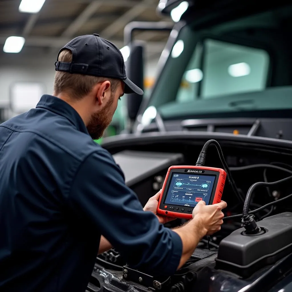 Mechanic using a class 8 scan tool to diagnose an engine problem