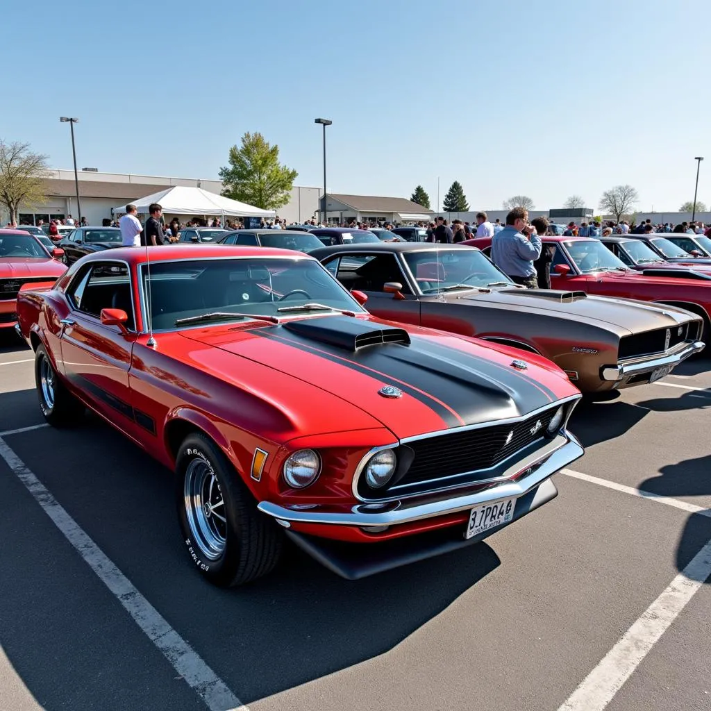 Classic American muscle cars at a car show