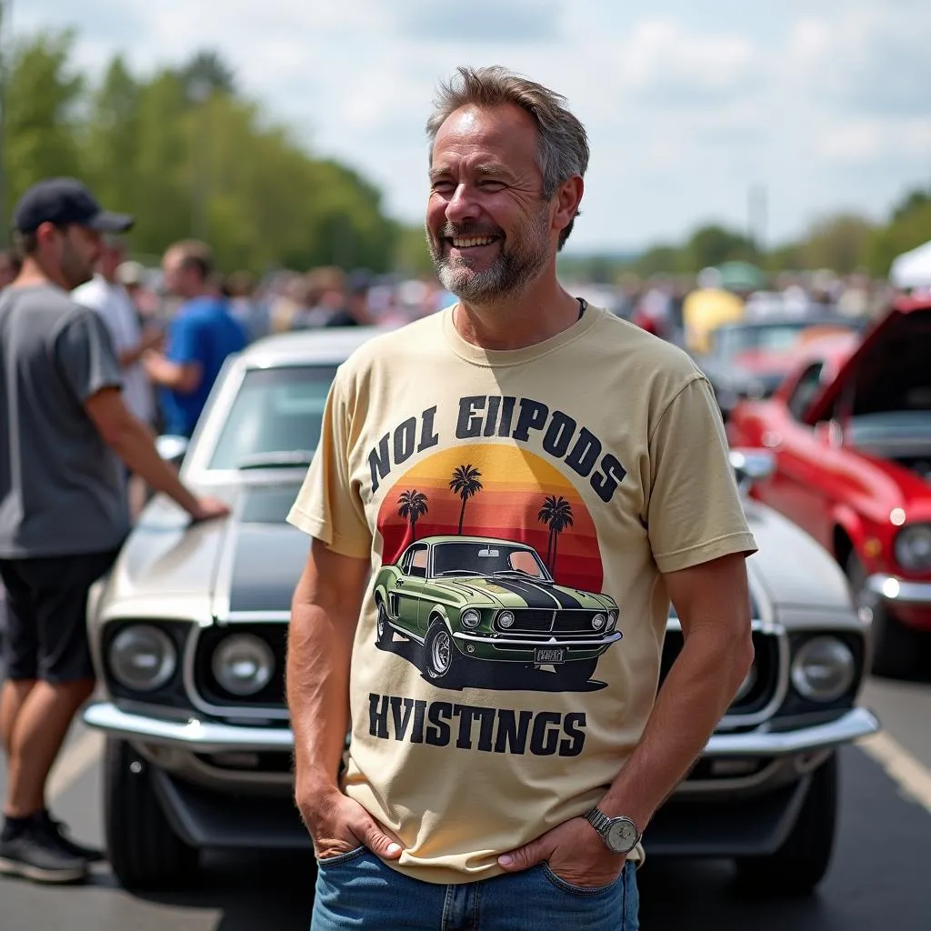 Classic car enthusiast wearing a vintage car shirt at a car show