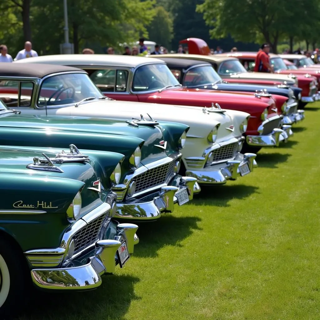 Classic cars on display at a car show in Bergman Park, Jamestown, New York.