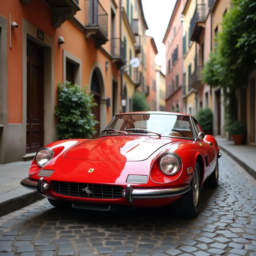 Red Ferrari on Cobblestone Street