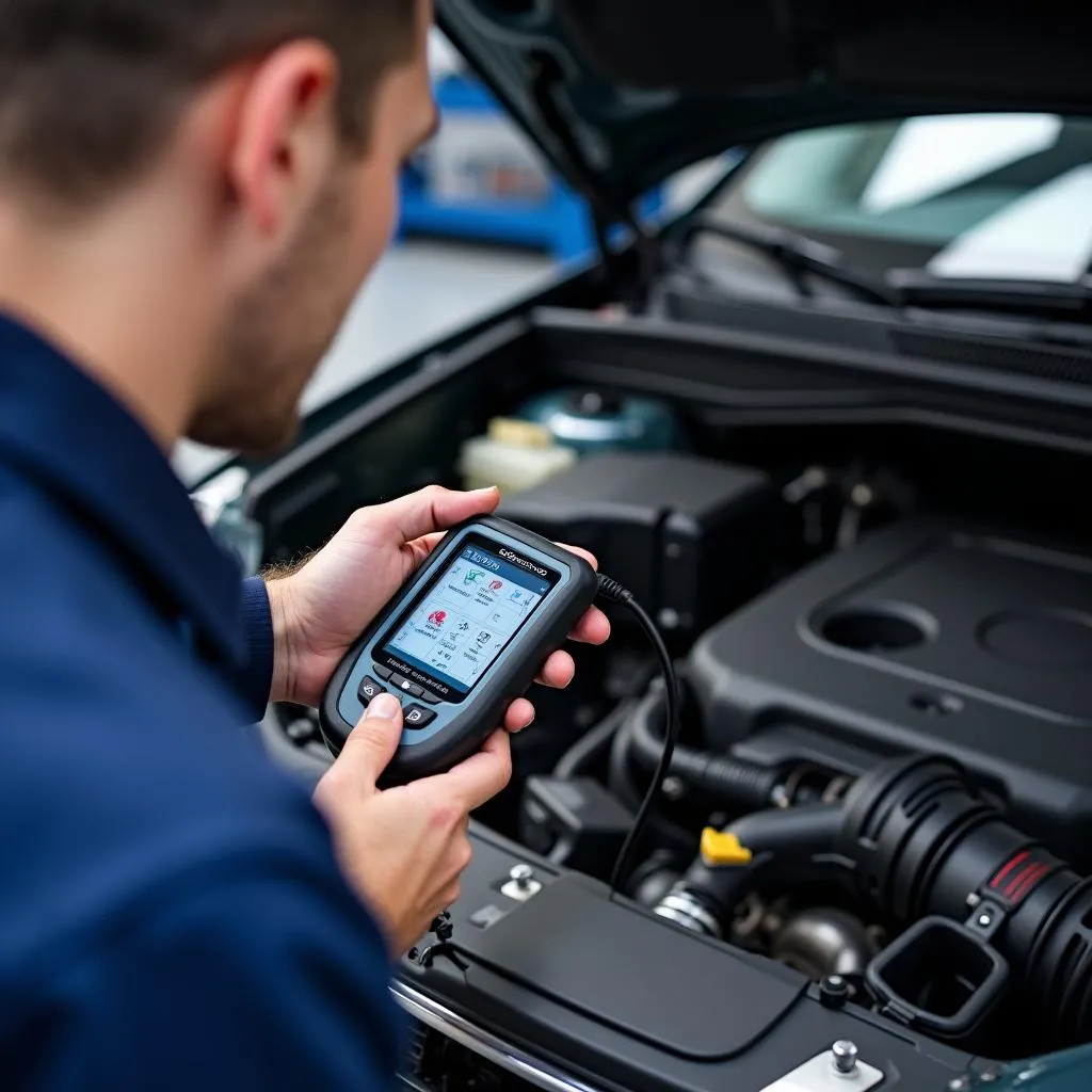 Mechanic using a scan tool to diagnose a car's transmission control module