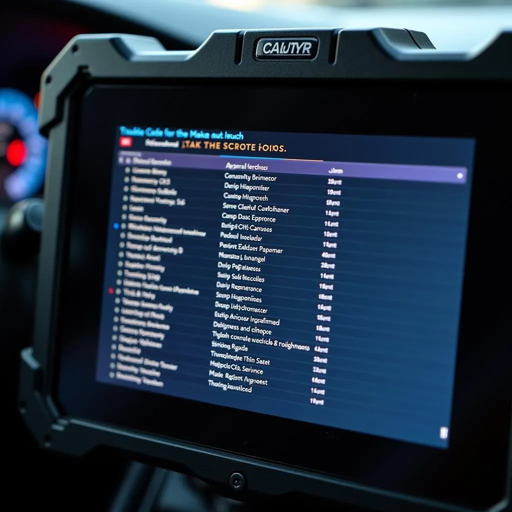 Close-up view of a tablet scan tool displaying diagnostic trouble codes