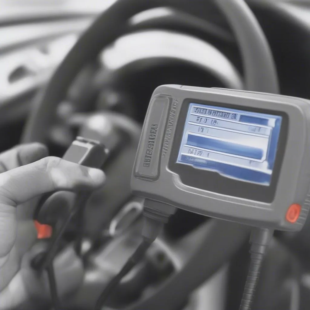 A close-up shot of a code reader plugged into a car's OBDII port