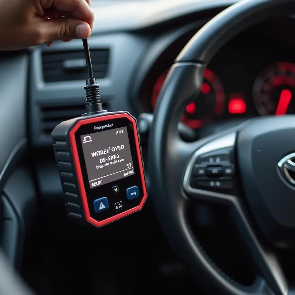 Code reader plugged into a car's OBD port