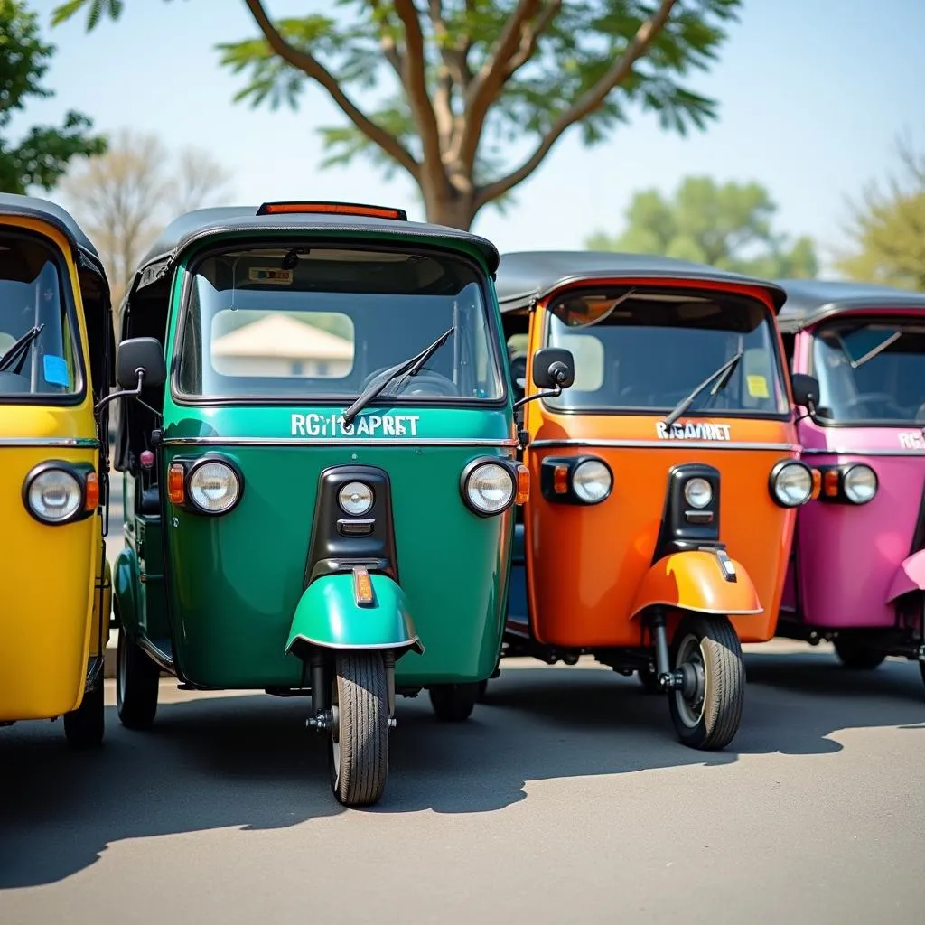 A row of brightly colored tuk-tuks ready for passengers