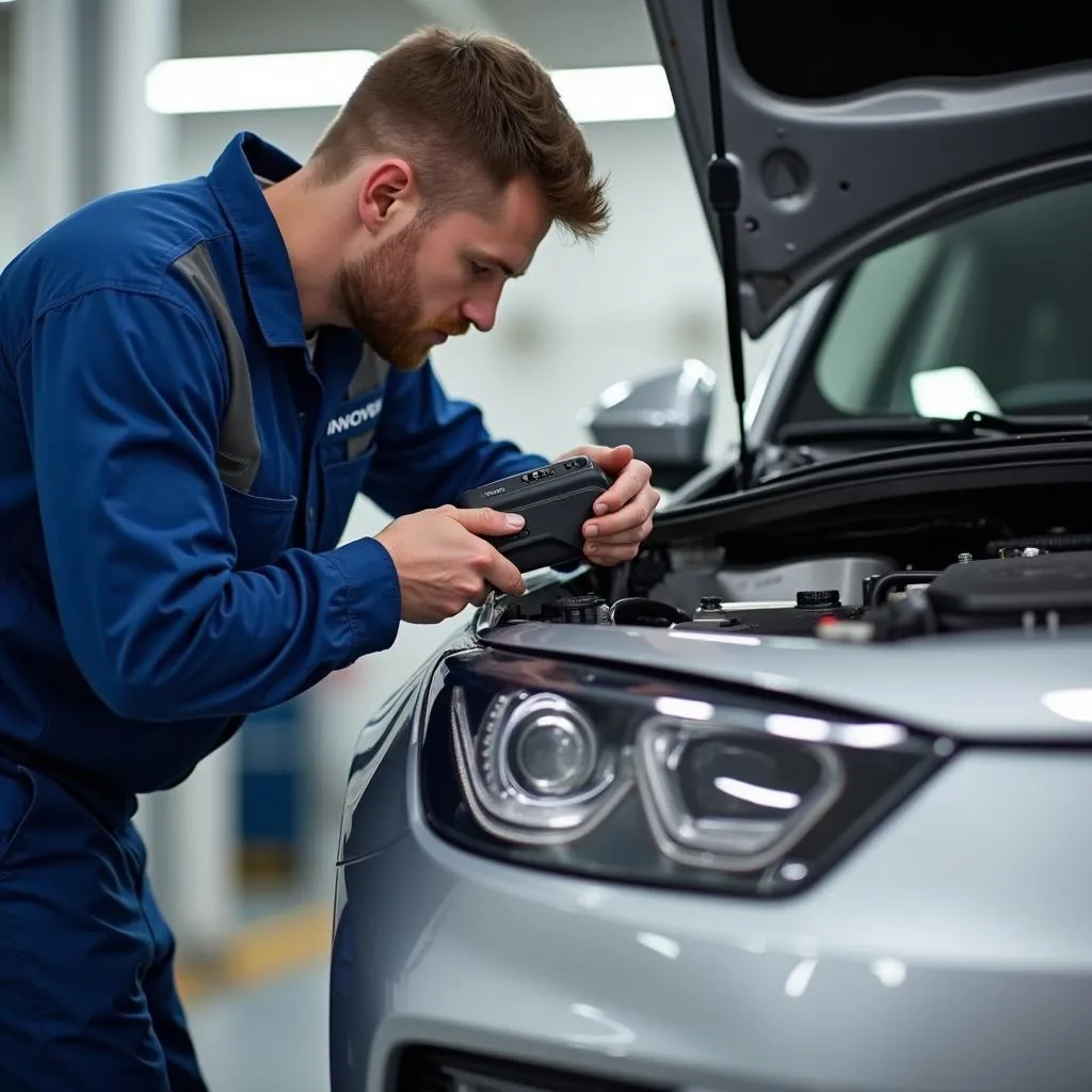 Mechanic using Innova scan tool on a car engine