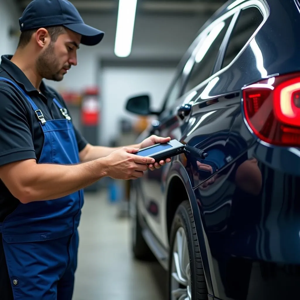 Mechanic using a scan tool on a car