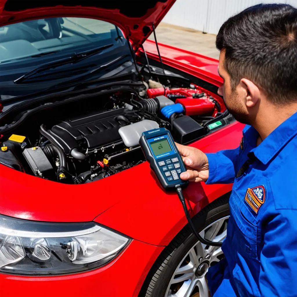 Mechanic connecting scan tool to car's OBD-II port