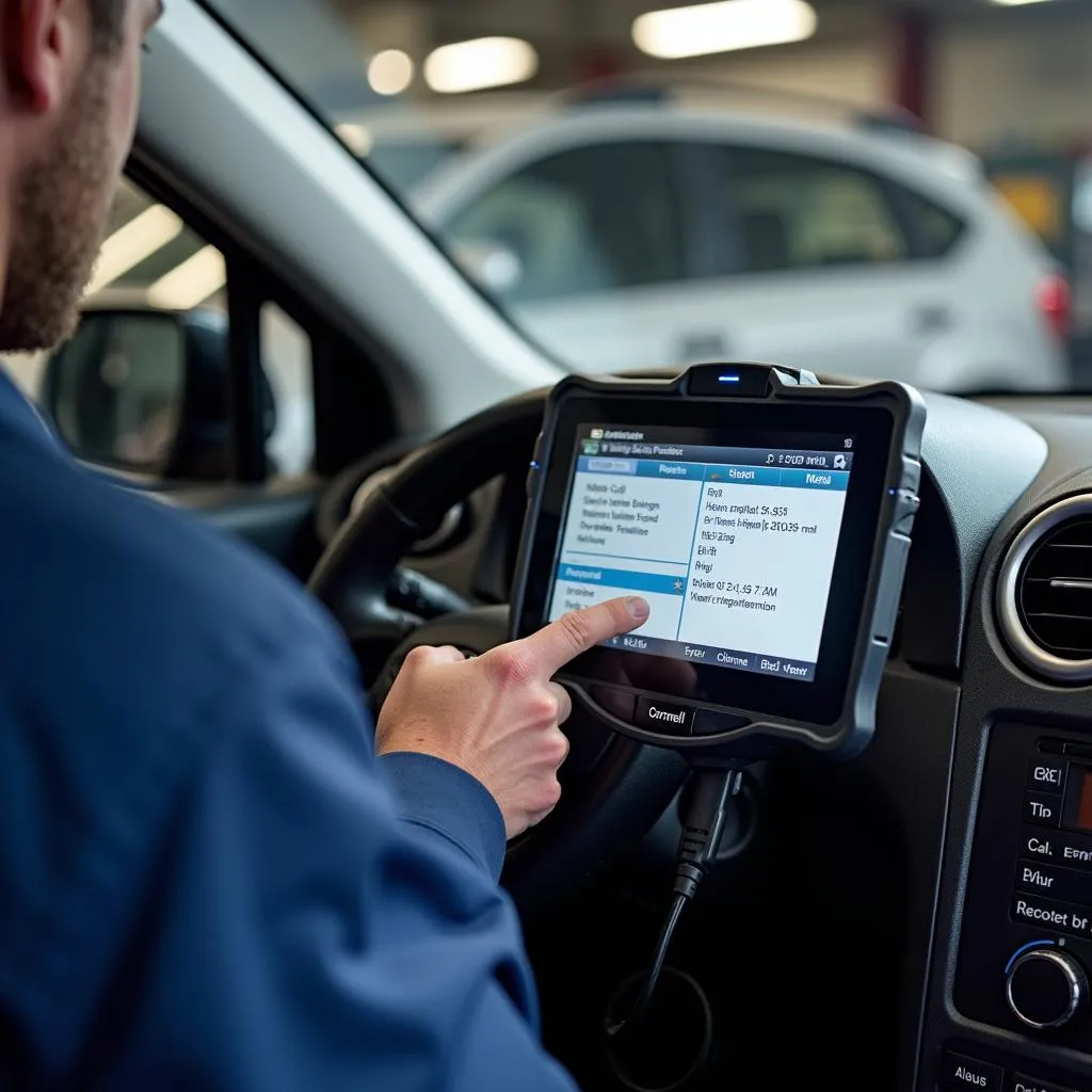 Mechanic using a Cornwell scan tool to diagnose an engine issue