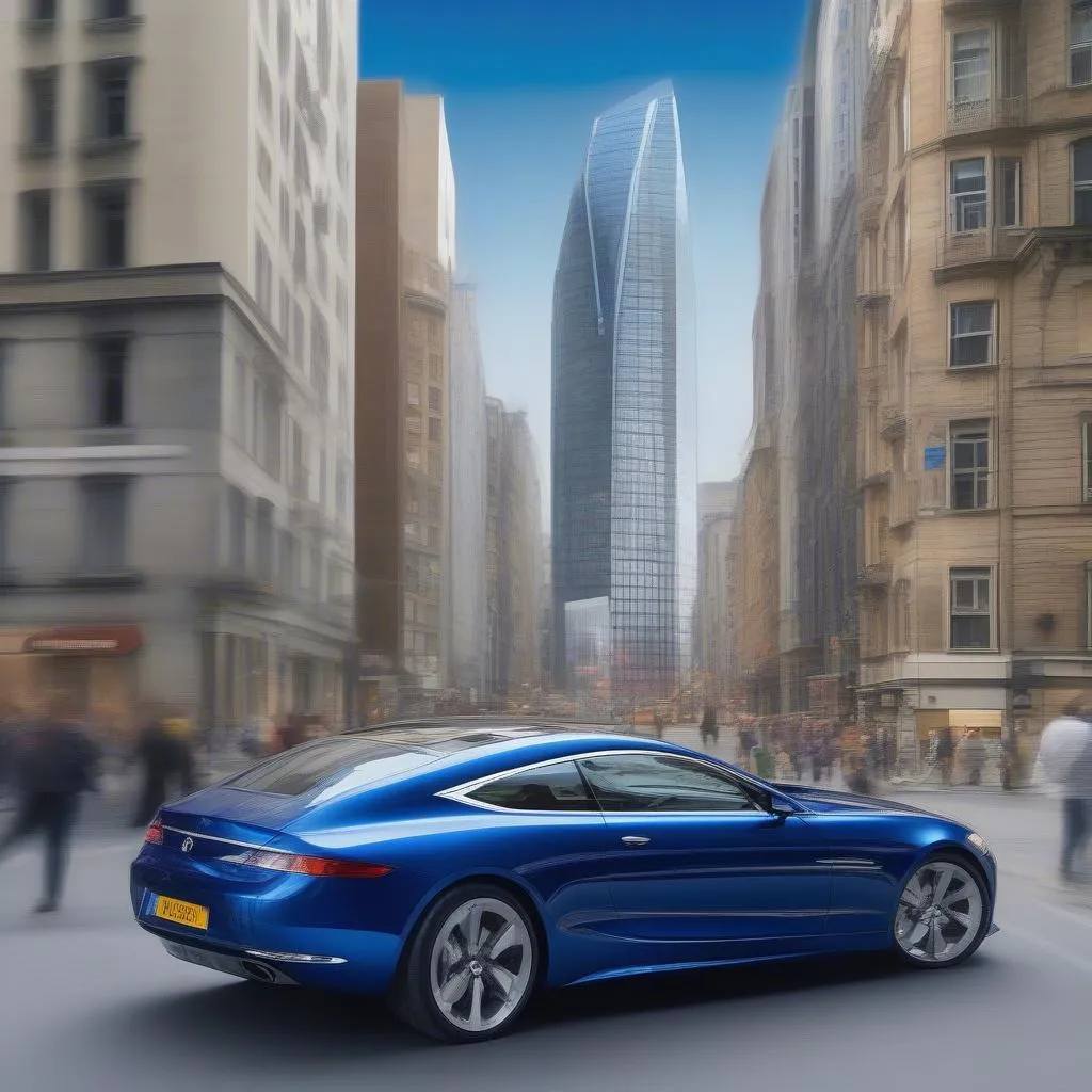 A sleek coupe car driving through a bustling city street