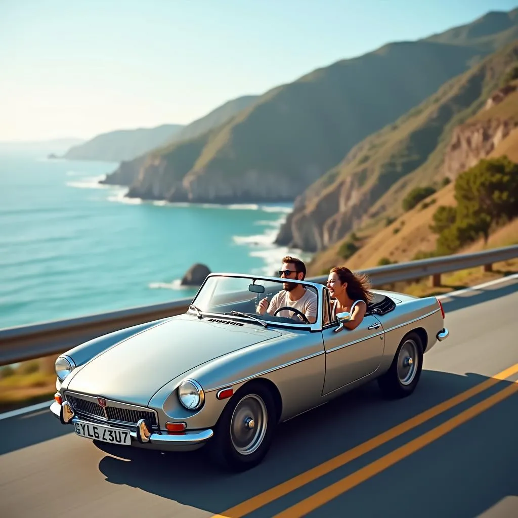 Couple Driving Rental Car on Coastal Highway