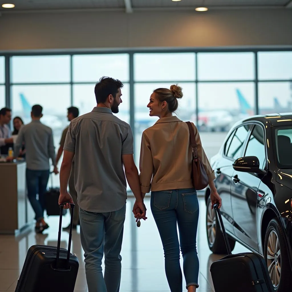 Couple picking up their rental car at the airport