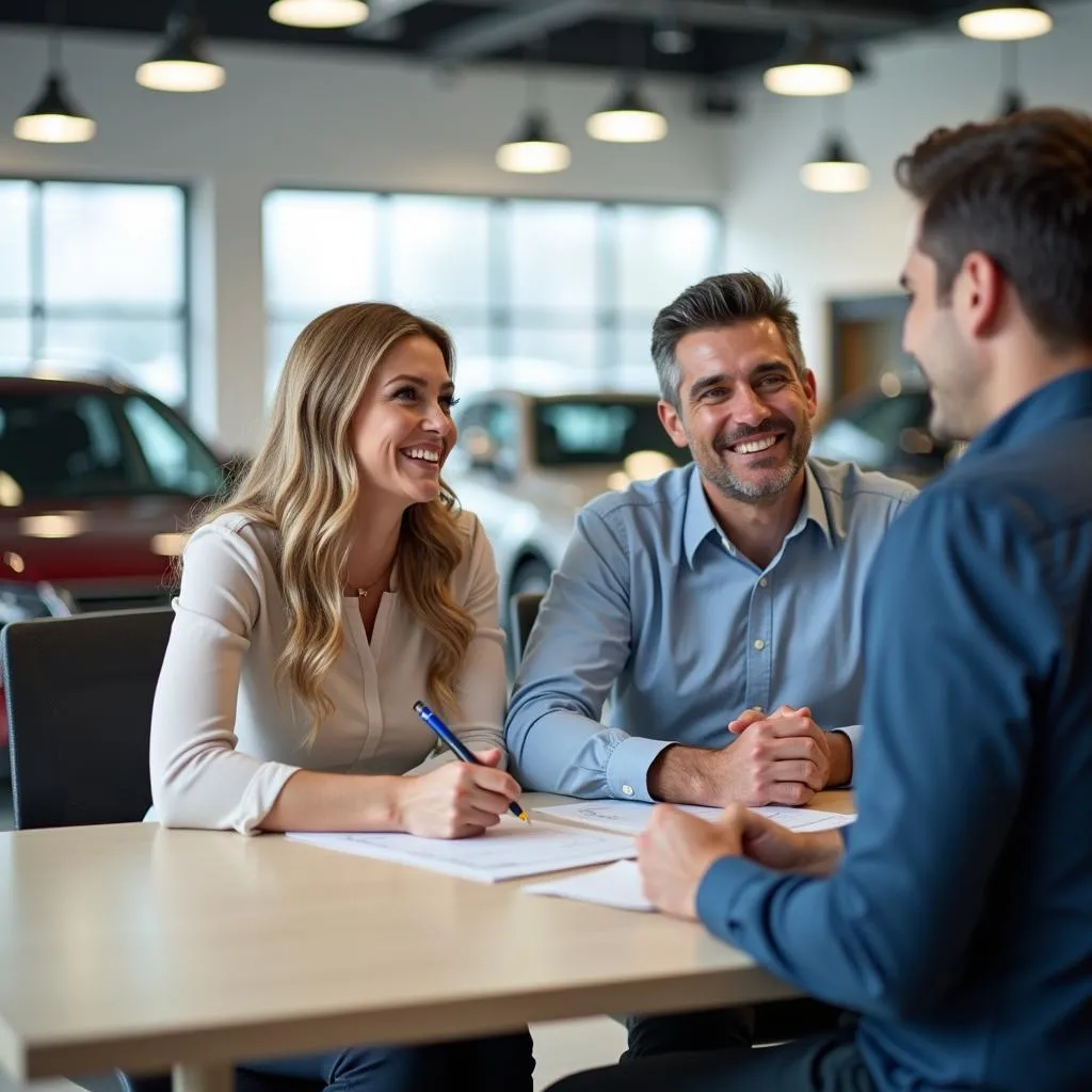 Couple signing car loan paperwork at a car dealership