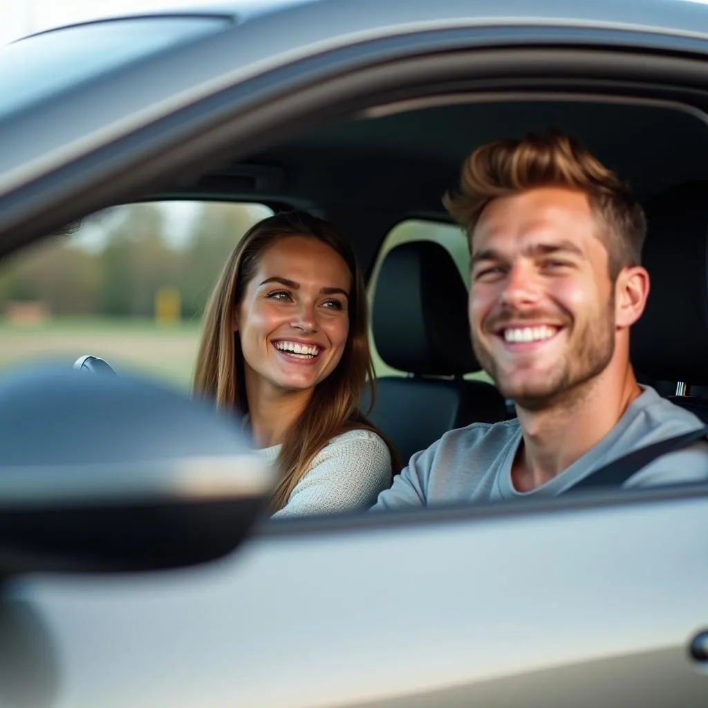 Couple Test Driving a Compact German Car