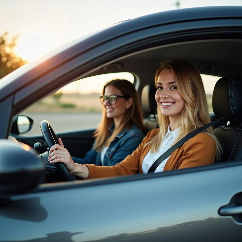 Couple test driving a small car with a salesperson's guidance.