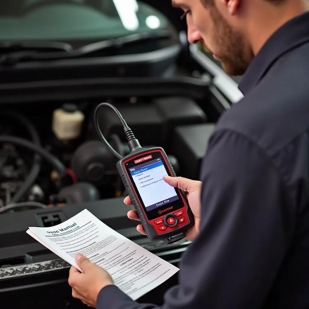 Mechanic using Craftsman 1681 scan tool to read error codes on a car