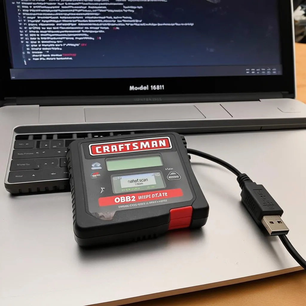 Craftsman OBD2 scan tool model 1681 connected to a laptop for software upgrade