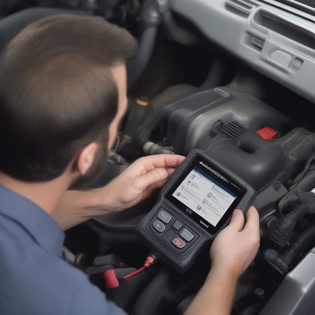 Mechanic using an upgraded Craftsman OBD2 scan tool to diagnose a vehicle issue