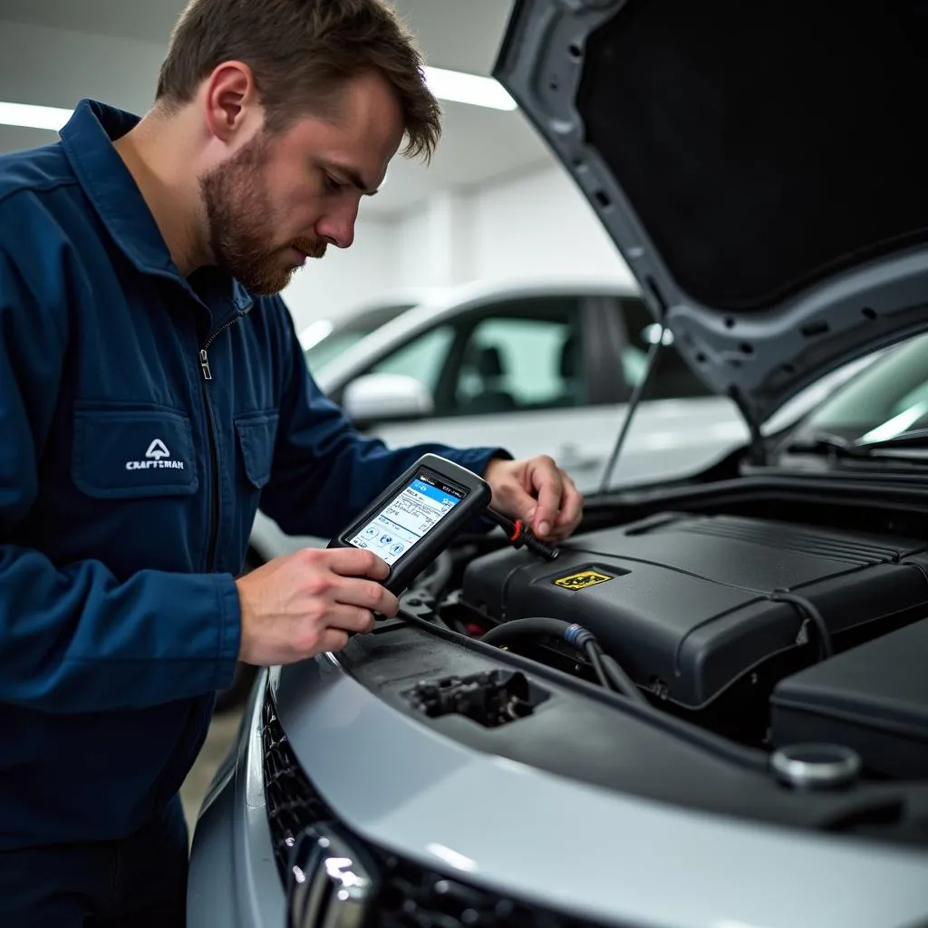 Mechanic using Craftsman scan tool to diagnose a car