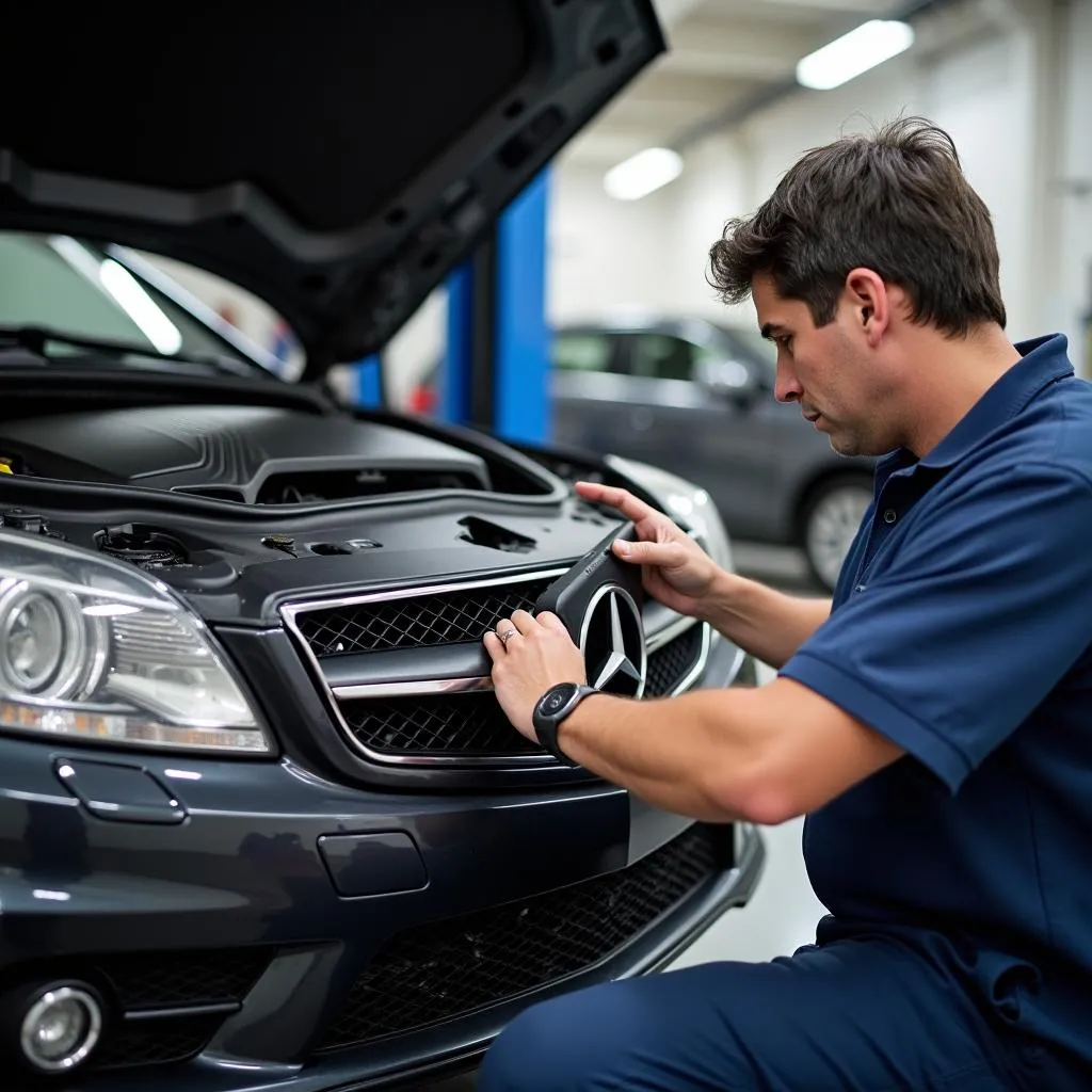 Mechanic using Creader Professional 123 to diagnose a Mercedes-Benz C-Class