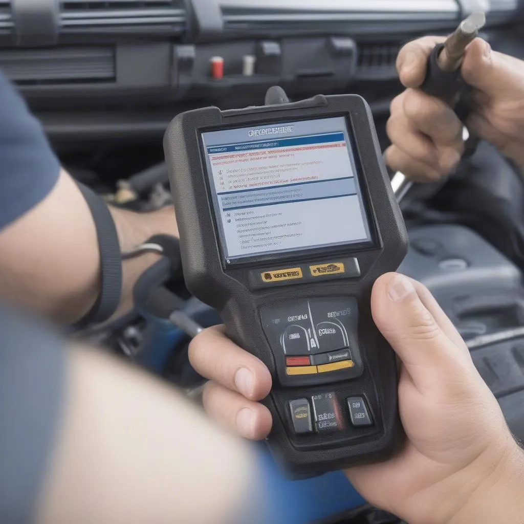 A mechanic using a Crescent Care tool to diagnose a transmission problem