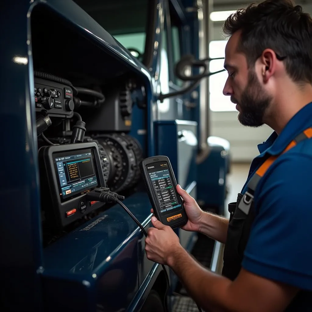 Mechanic using a Cummins diesel scan tool on a truck