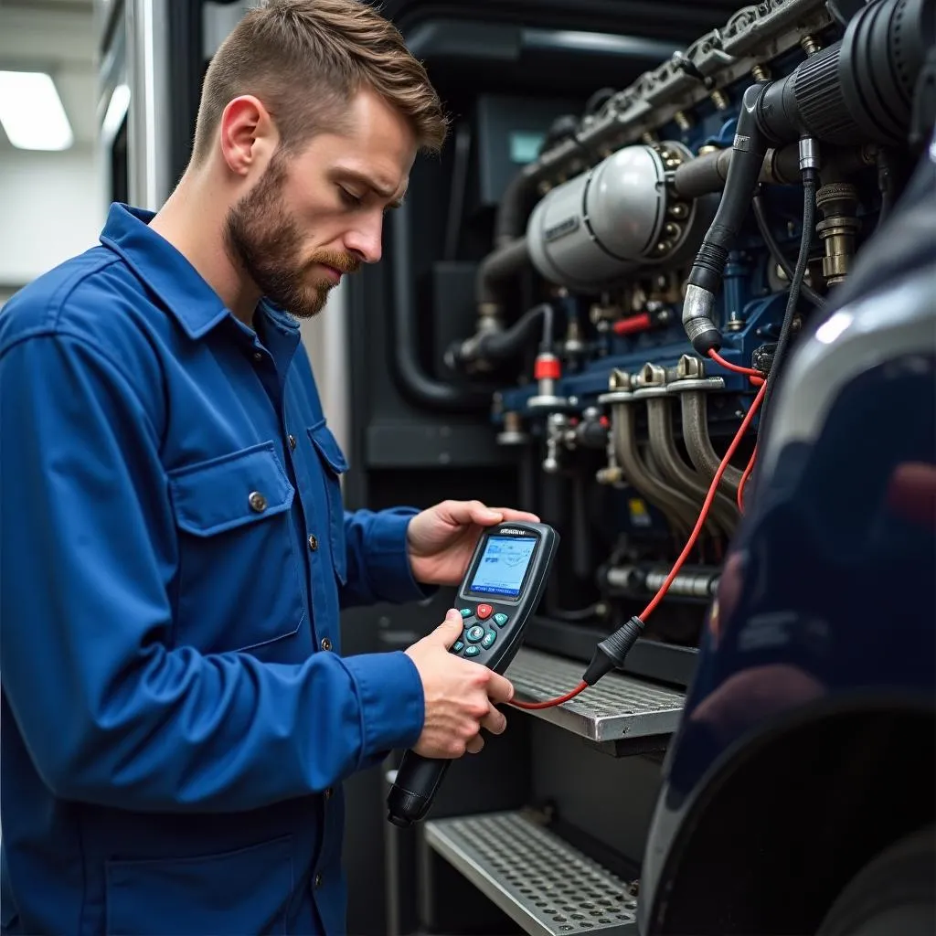 Mechanic using a Cummins N14 scan tool on a truck engine