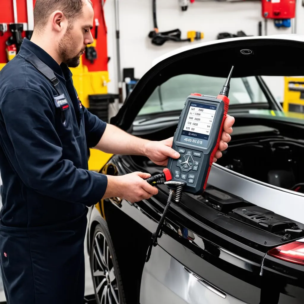 Mechanic using a Dahua scan tool on a European car