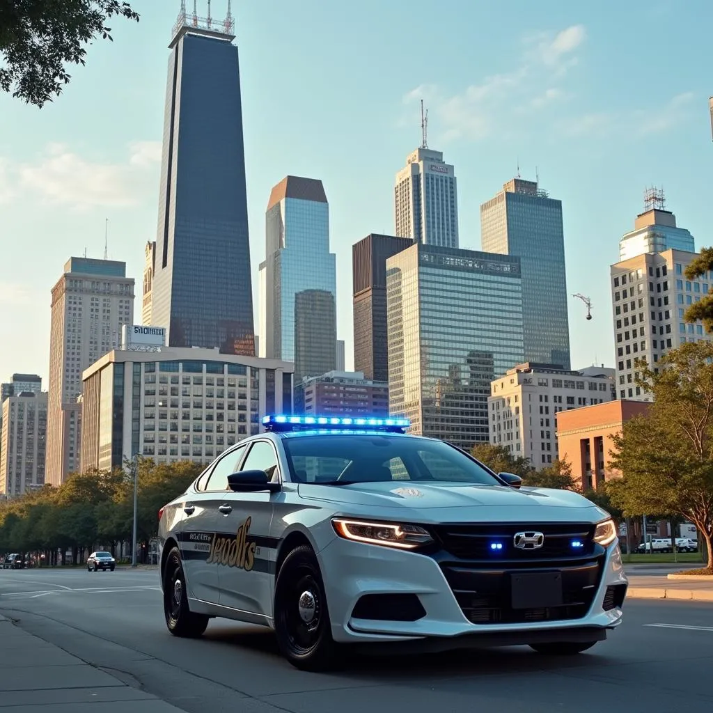 Dallas skyline with a police car in the foreground