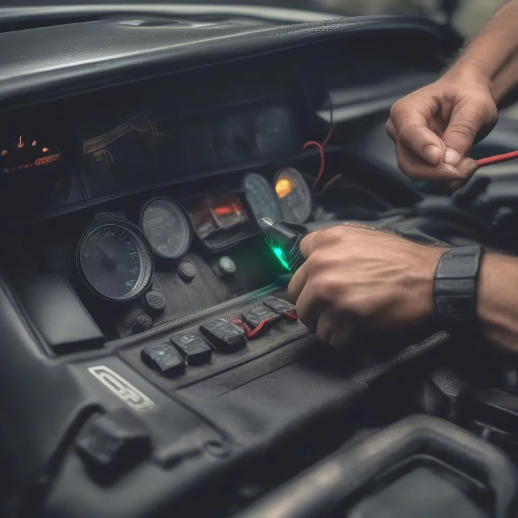 Mechanic inspecting dashboard lights