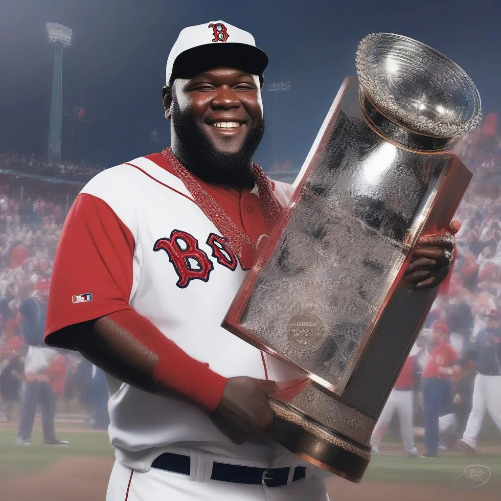 David Ortiz in his Red Sox cap, holding the World Series trophy