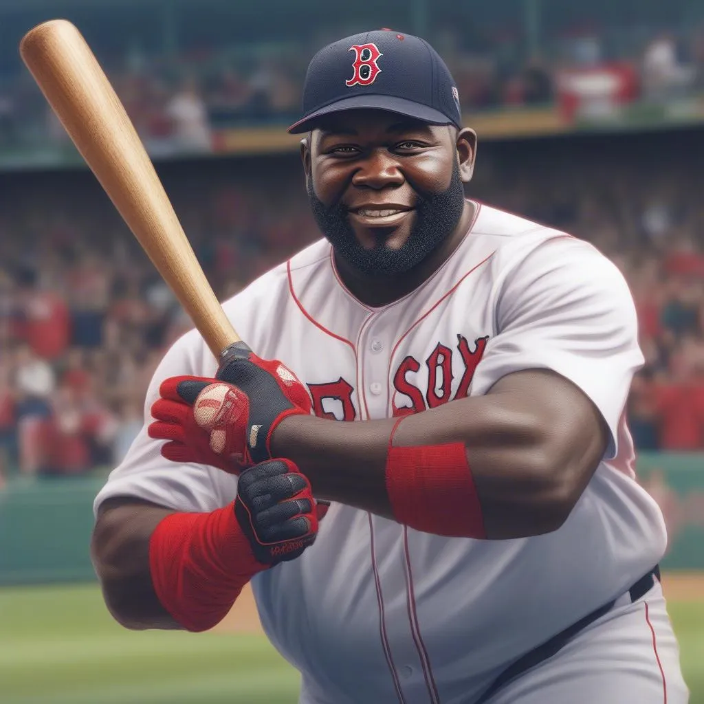 David Ortiz in his iconic Red Sox jersey, holding a baseball bat