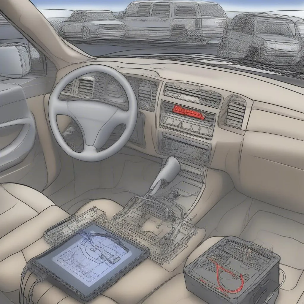 Dealer scan tool connected to a car's OBD port