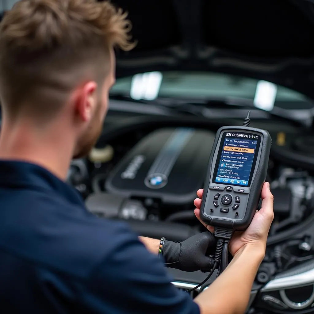 Mechanic using dealer scanner on BMW engine