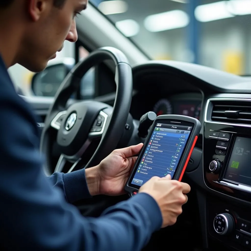 A mechanic using a dealer scanner for European cars to diagnose a problem