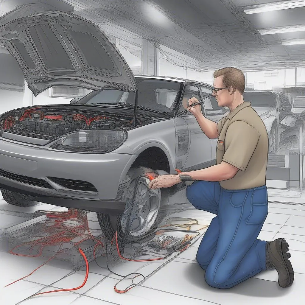 A mechanic uses a dealer scanner to diagnose a problem in a European car's electrical system