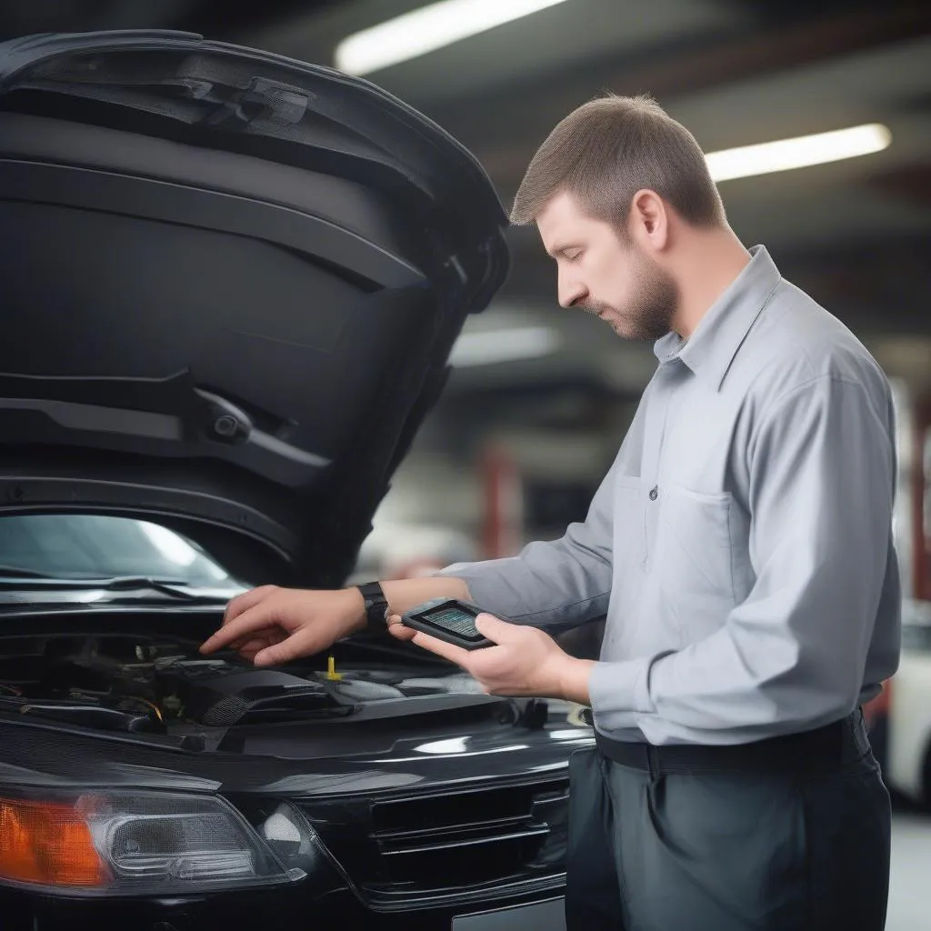 A mechanic using a Dealer Scanner to diagnose a problem on a European car