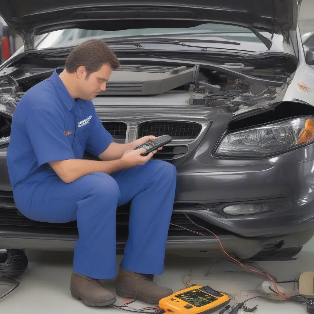 A Mechanic using a Dealer Scanner to diagnose a European car