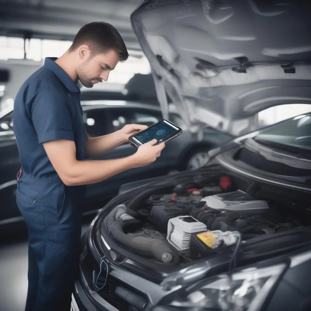 A mechanic using a dealer scanner to diagnose a European car