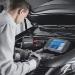 A technician using a dealer scanner to diagnose a problem in a European car